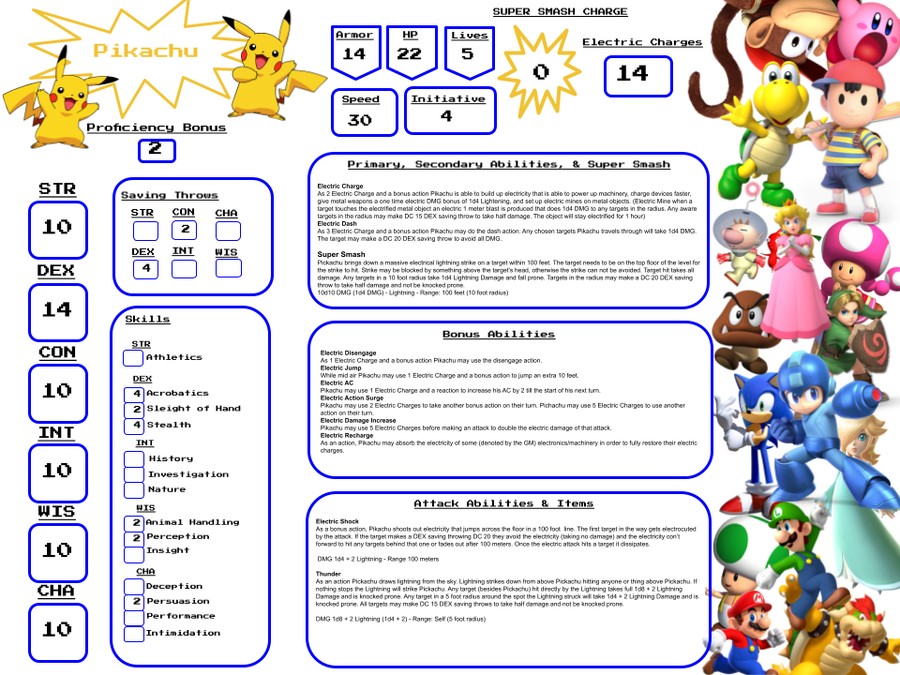 Pikachu character sheet for Super Nintendo World RPG.