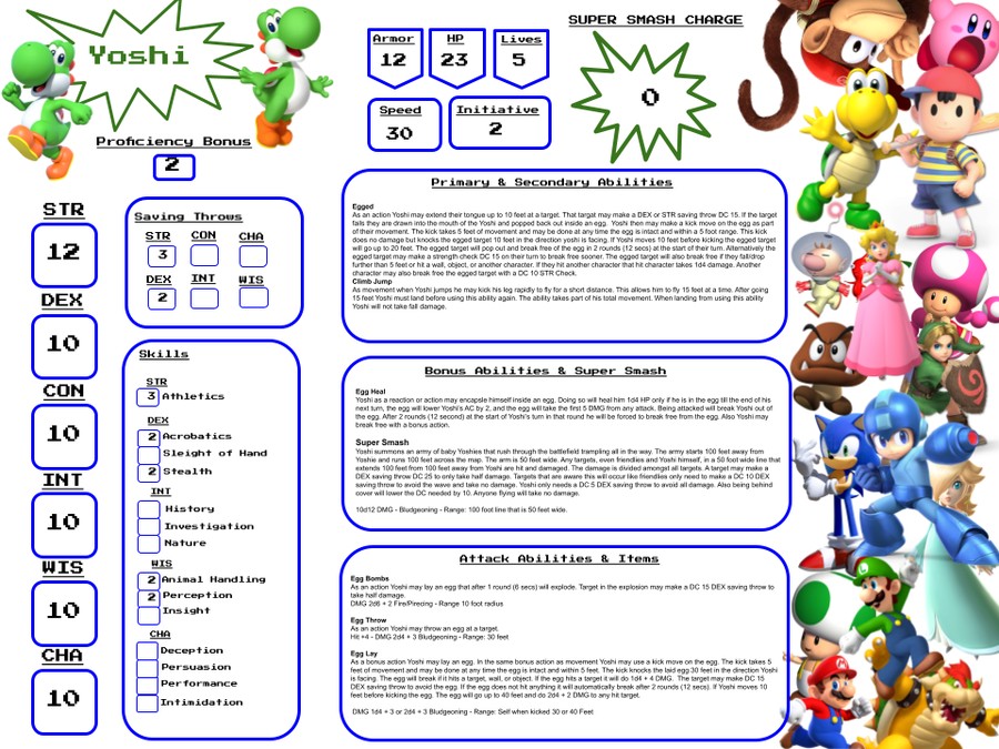 Yoshi character sheet for the Super Nintendo World RPG with stats, skills, lives, armor, Super Smash charge, abilities, and items.
