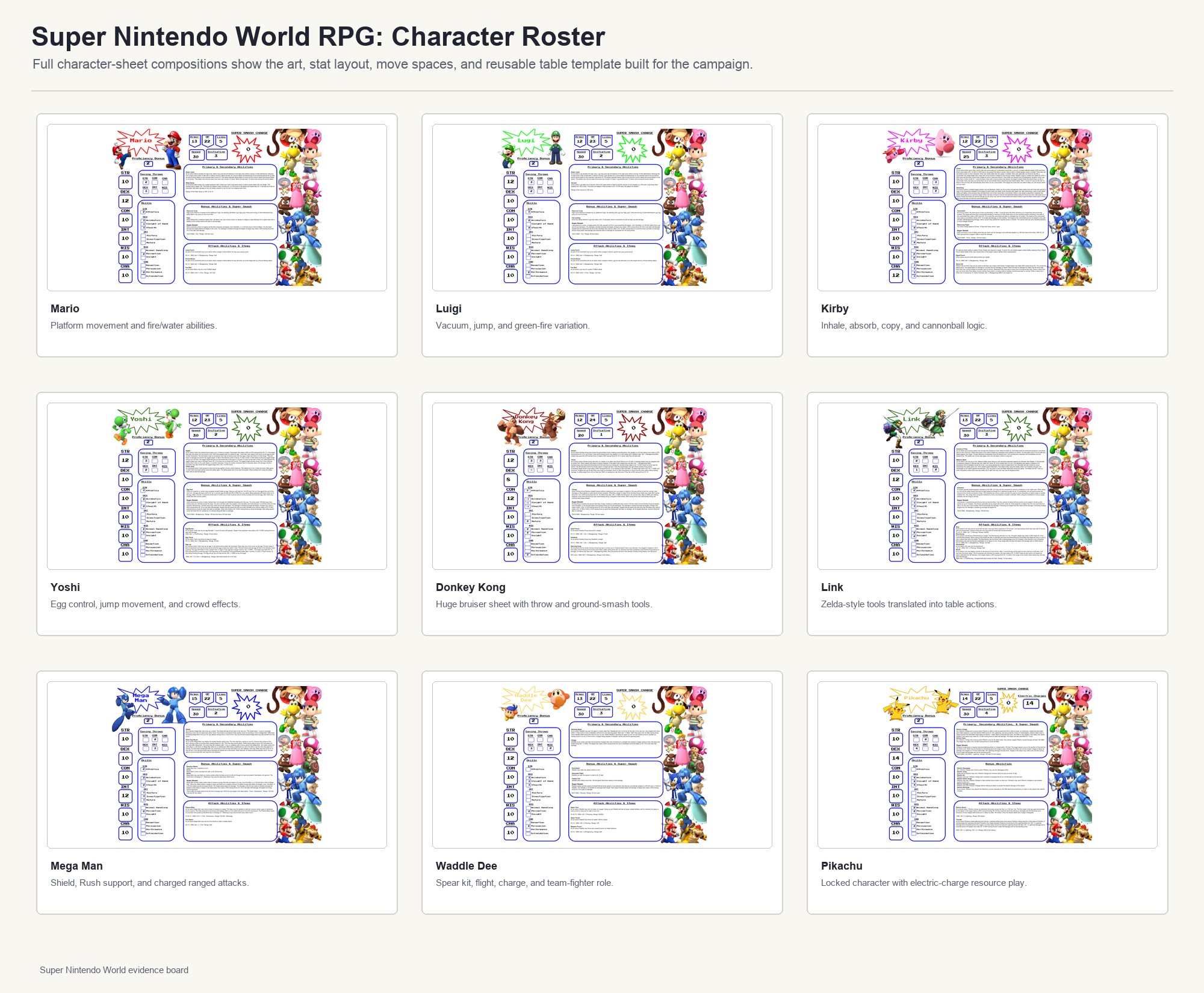 Super Nintendo World RPG character roster board showing custom character sheets and table-facing layouts.