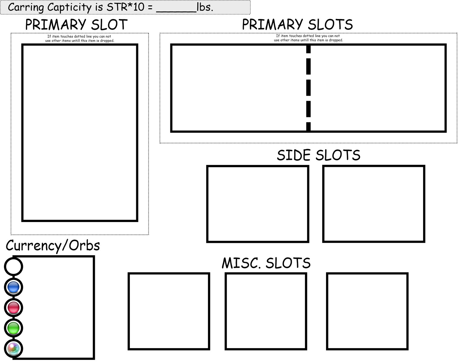 Supers and Specials carrying capacity and item slots sheet with marked spaces for gear and limits.