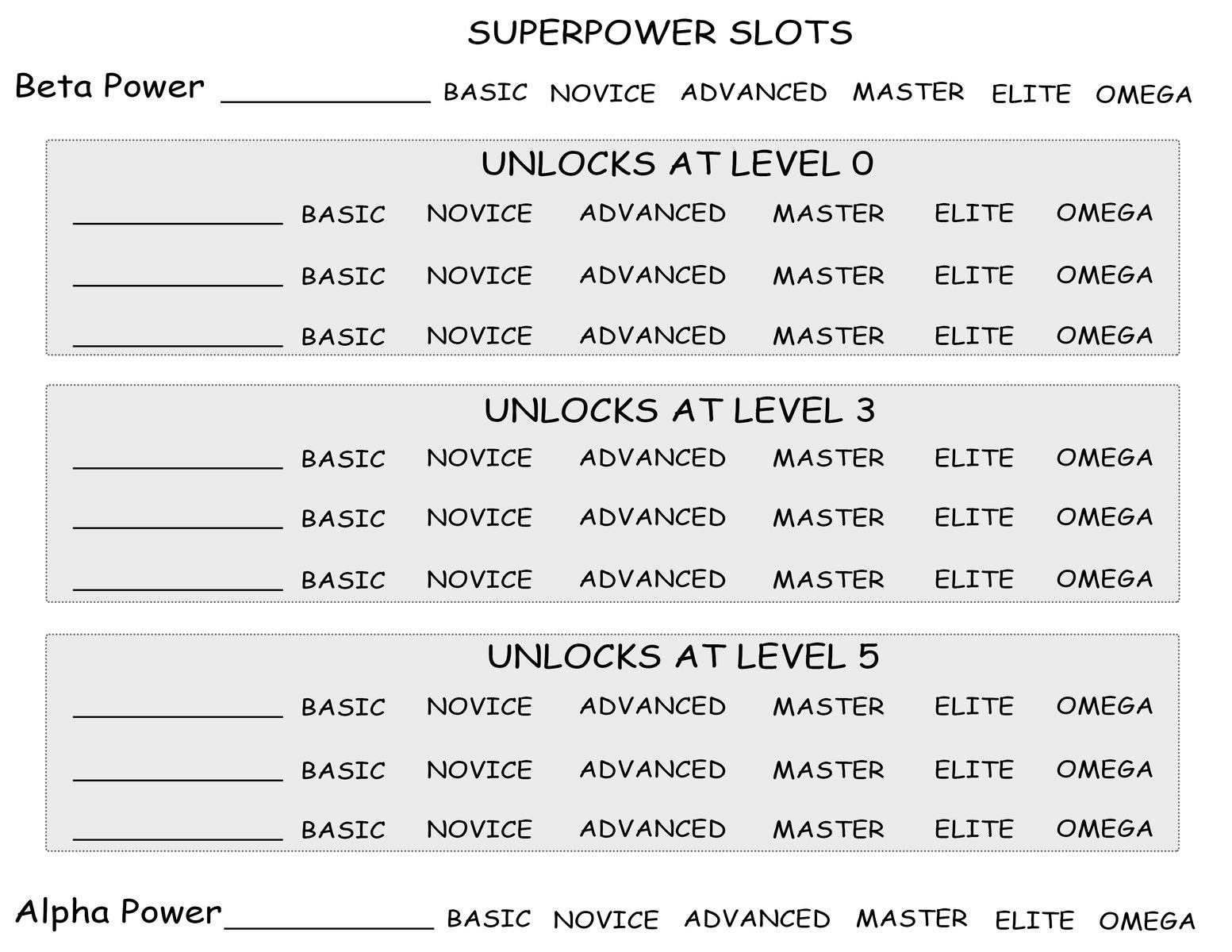 Supers and Specials superpower slots sheet with unlock rows for basic, novice, advanced, master, elite, and omega powers.