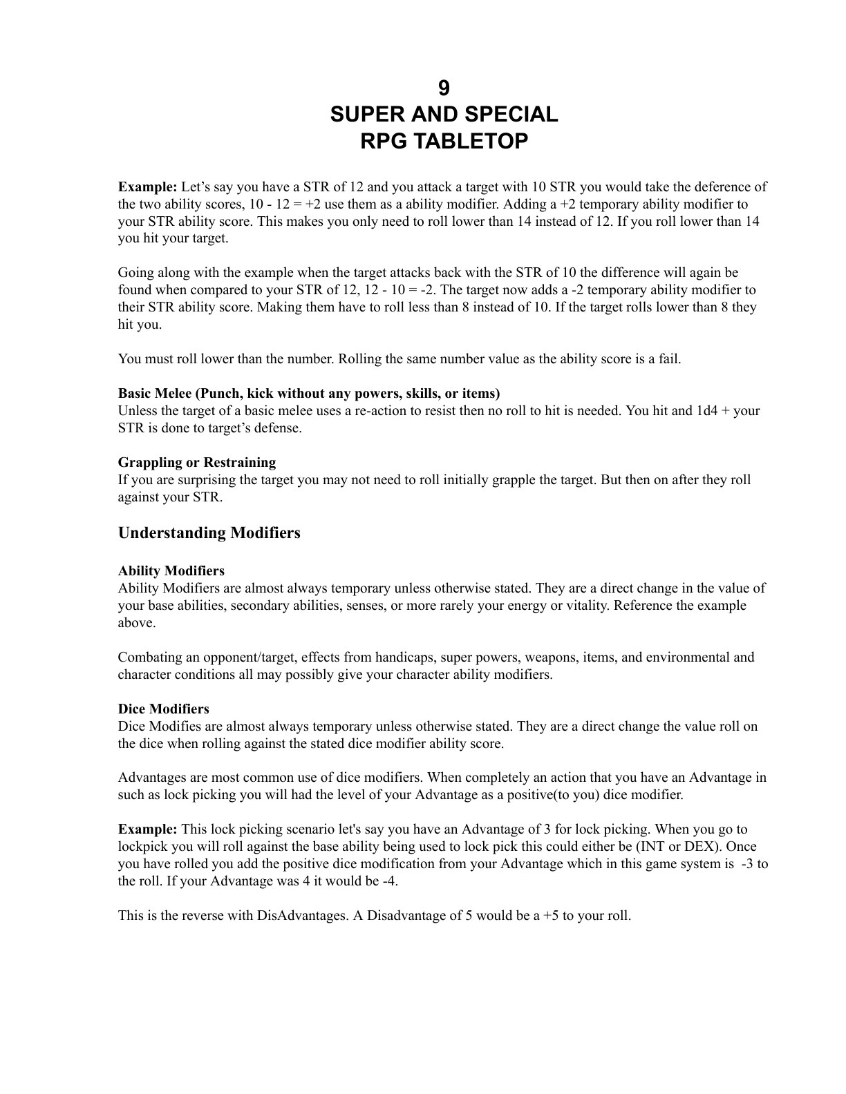 Supers and Specials rules page explaining a lower-is-better d20 mechanic, modifiers, melee examples, grappling, and advantages.