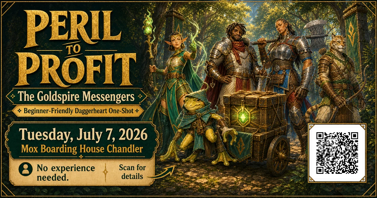 Goldspire Messengers booking poster with QR code for the Mox event listing.