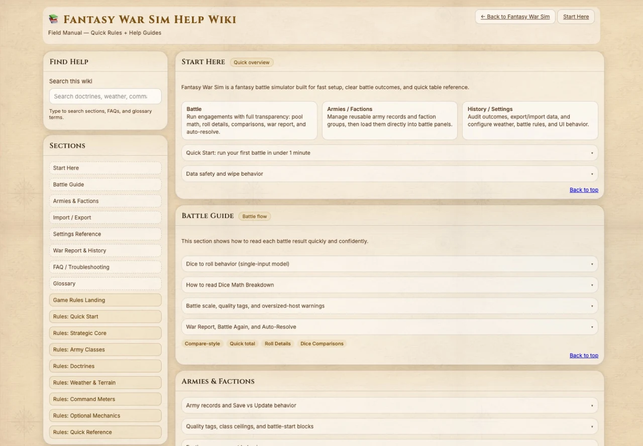 Fantasy War Sim help wiki screenshot with documentation for importing armies, factions, and doctrines.