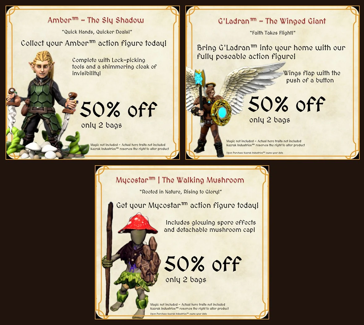 Contact sheet of three Peril to Profit toy advertisement cards for Amber, G'Ladran, and Mycostar with action-figure jokes and 50 percent off pricing.