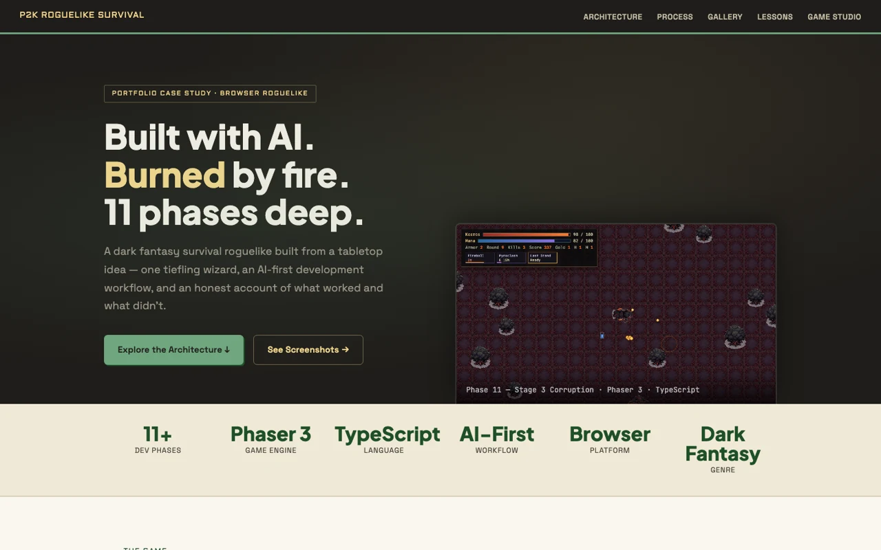 Screenshot of the P2K roguelike survival architecture shareable with a dark survival-game landing page and gameplay proof panel.