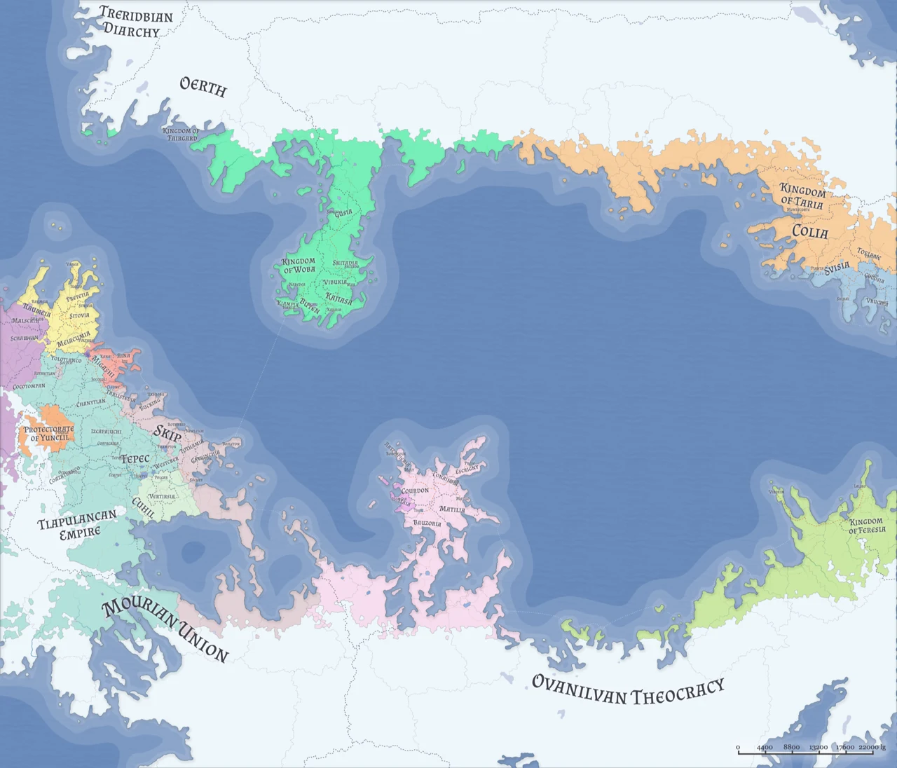 A labeled fantasy world map with multiple kingdoms, seas, borders, and island regions from the Peasants to Kings setting.
