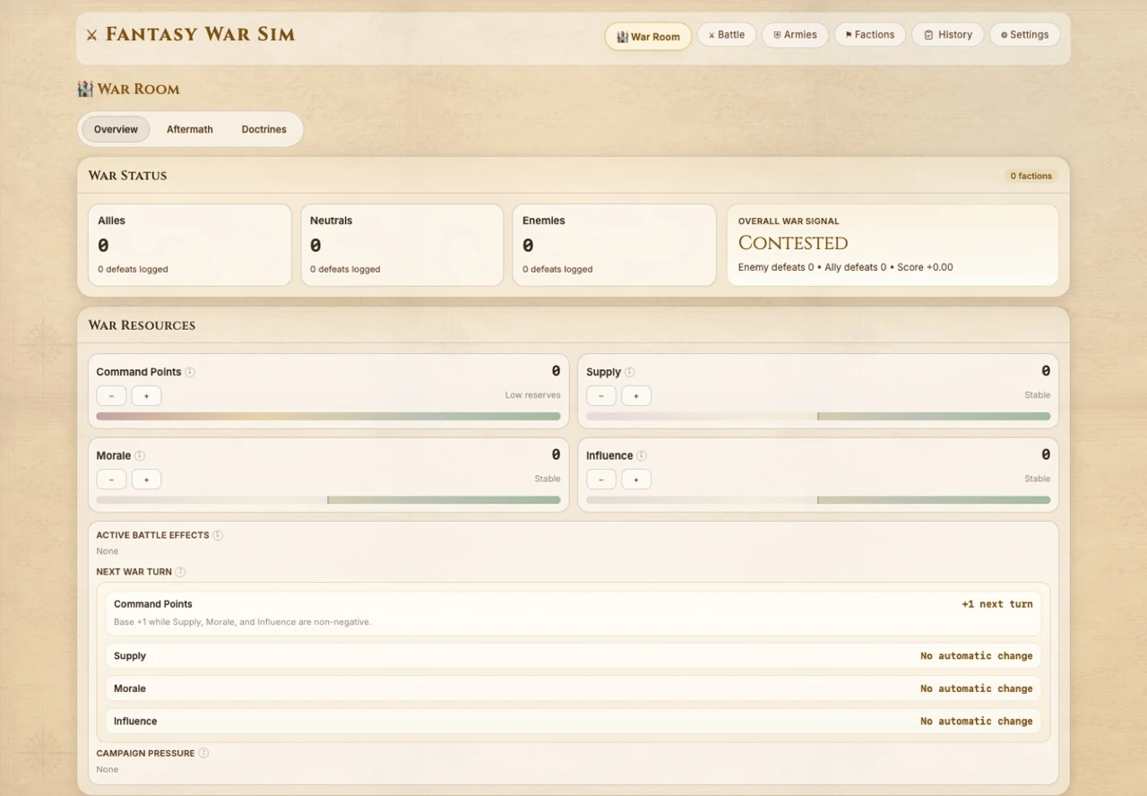 Fantasy War Sim War Room screenshot showing army, faction, and war encounter controls.