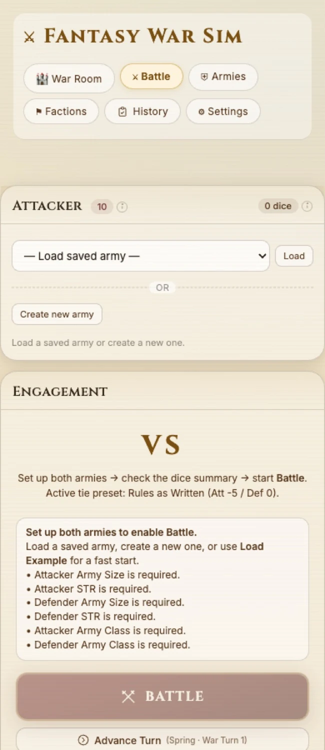 Mobile screenshot of Fantasy War Sim showing responsive simulator controls.