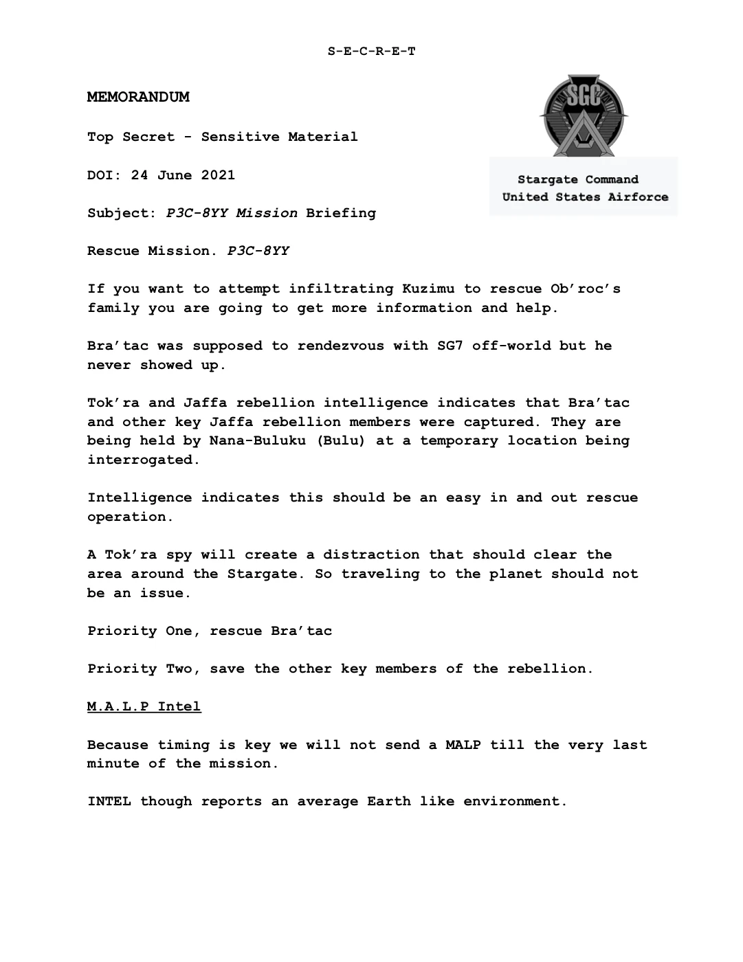Preview image of an SG-1 mission briefing PDF used as a table-facing mission document.
