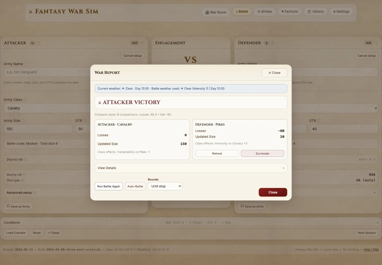 Fantasy War Sim battle result screenshot showing a resolved battle report and outcome details.