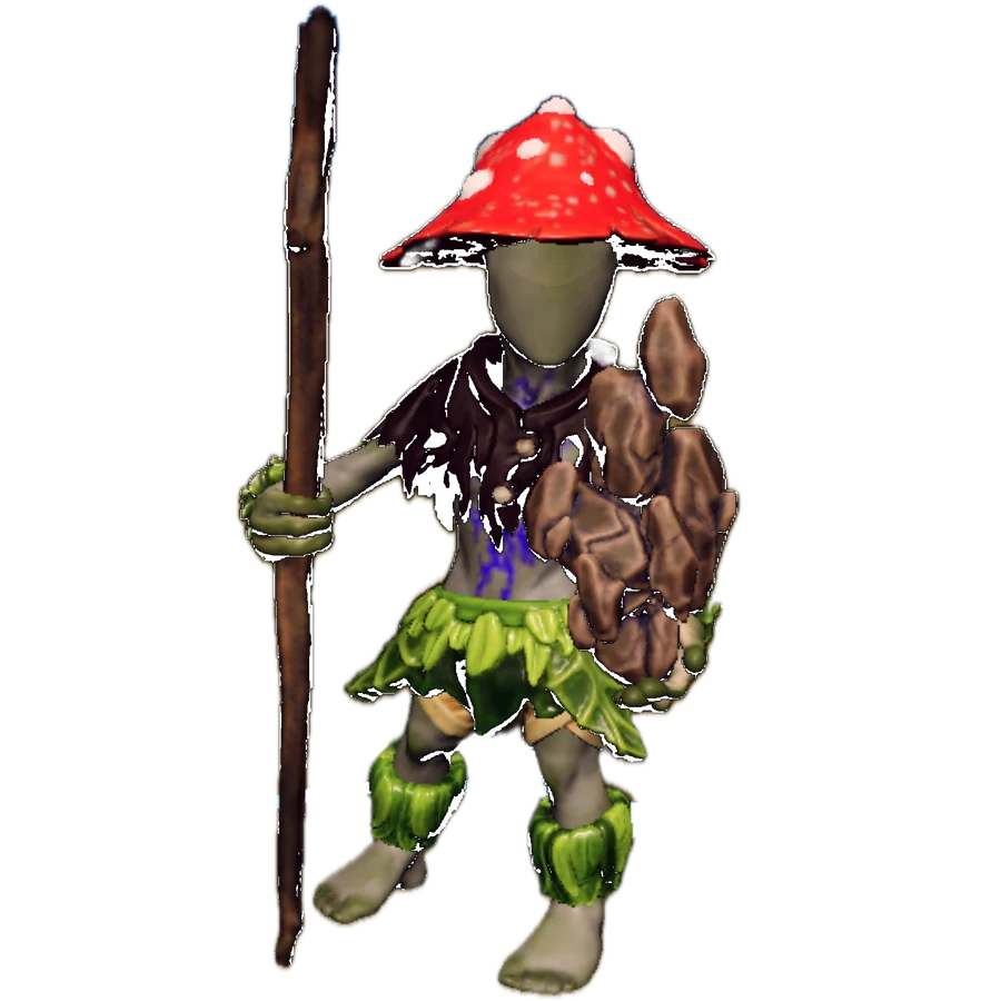 Mycostar, lopchop's mushroom-like Peril to Profit character, holding a staff and clustered stones.