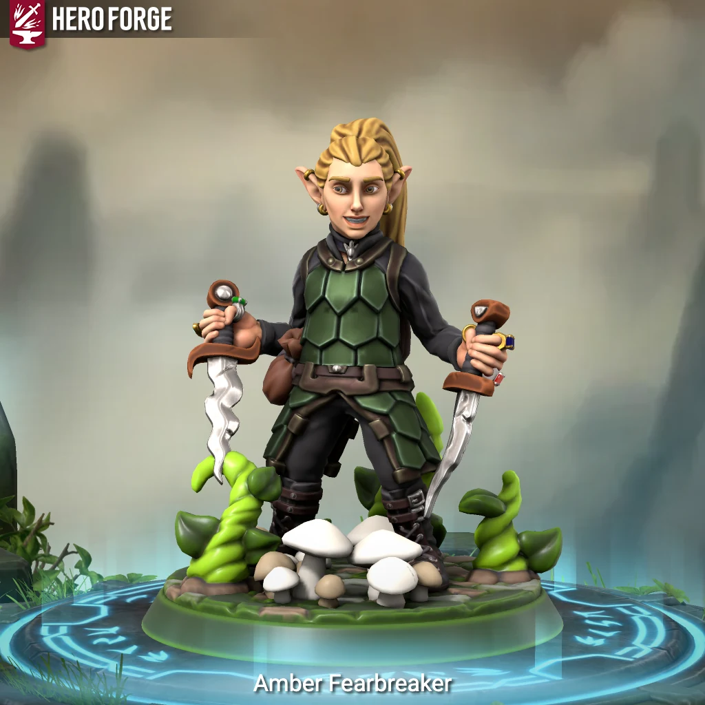 Hero Forge screenshot of Amber Fearbreaker, a Peril to Profit player character, standing on a glowing fantasy base.