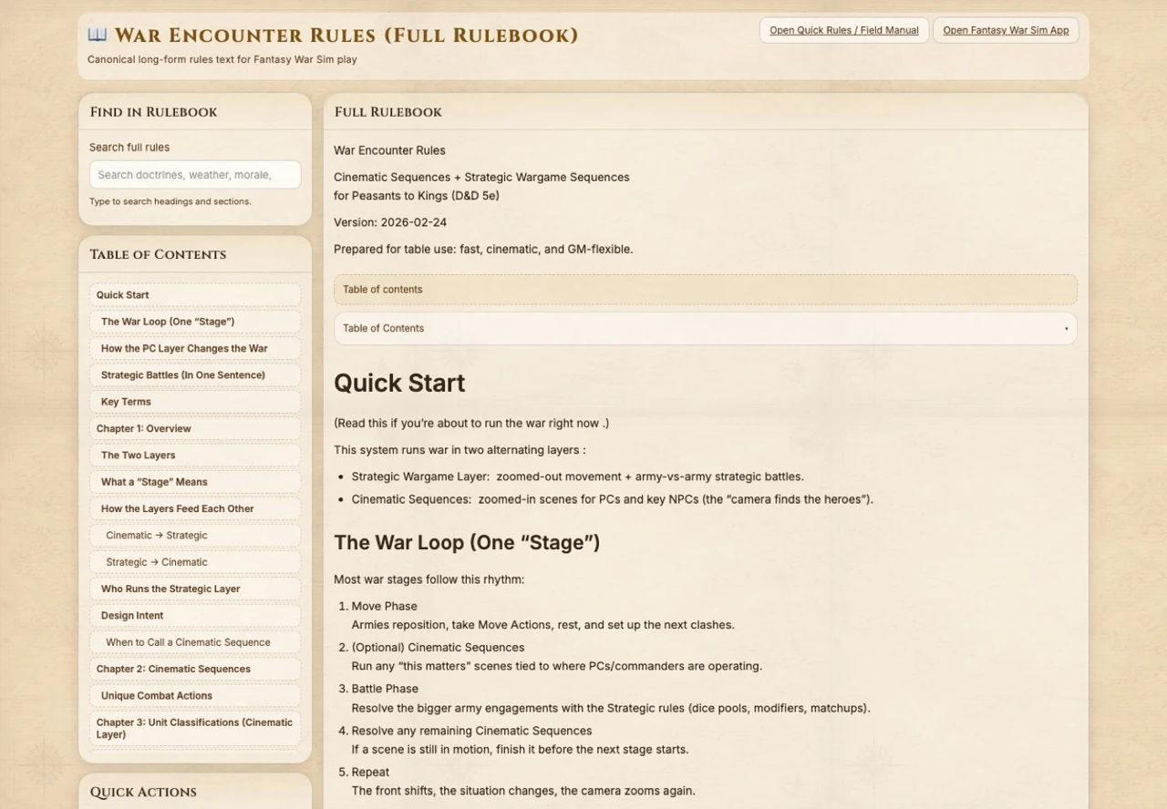 Fantasy War Sim rulebook screenshot with table-facing war encounter guidance.