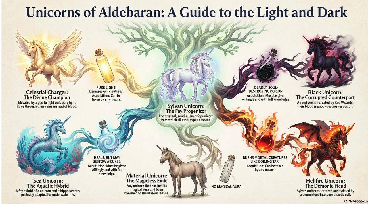 Illustrated lore guide titled Unicorns of Aldebaran: A Guide to the Light and Dark, showing celestial, sylvan, sea, material, black, and hellfire unicorn variants with short rules and story notes.