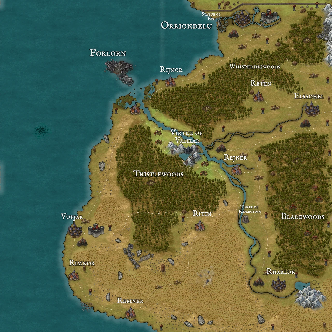 Campaign map section showing Valizar, Orriondelu, Rijinor, Rejner, and surrounding roads, forests, coast, and settlements.