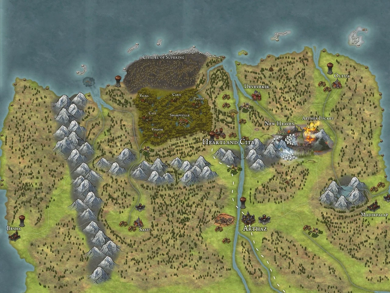 Illustrated regional fantasy map centered on Heartland City, with labeled settlements, roads, mountains, forests, islands, and major campaign locations.