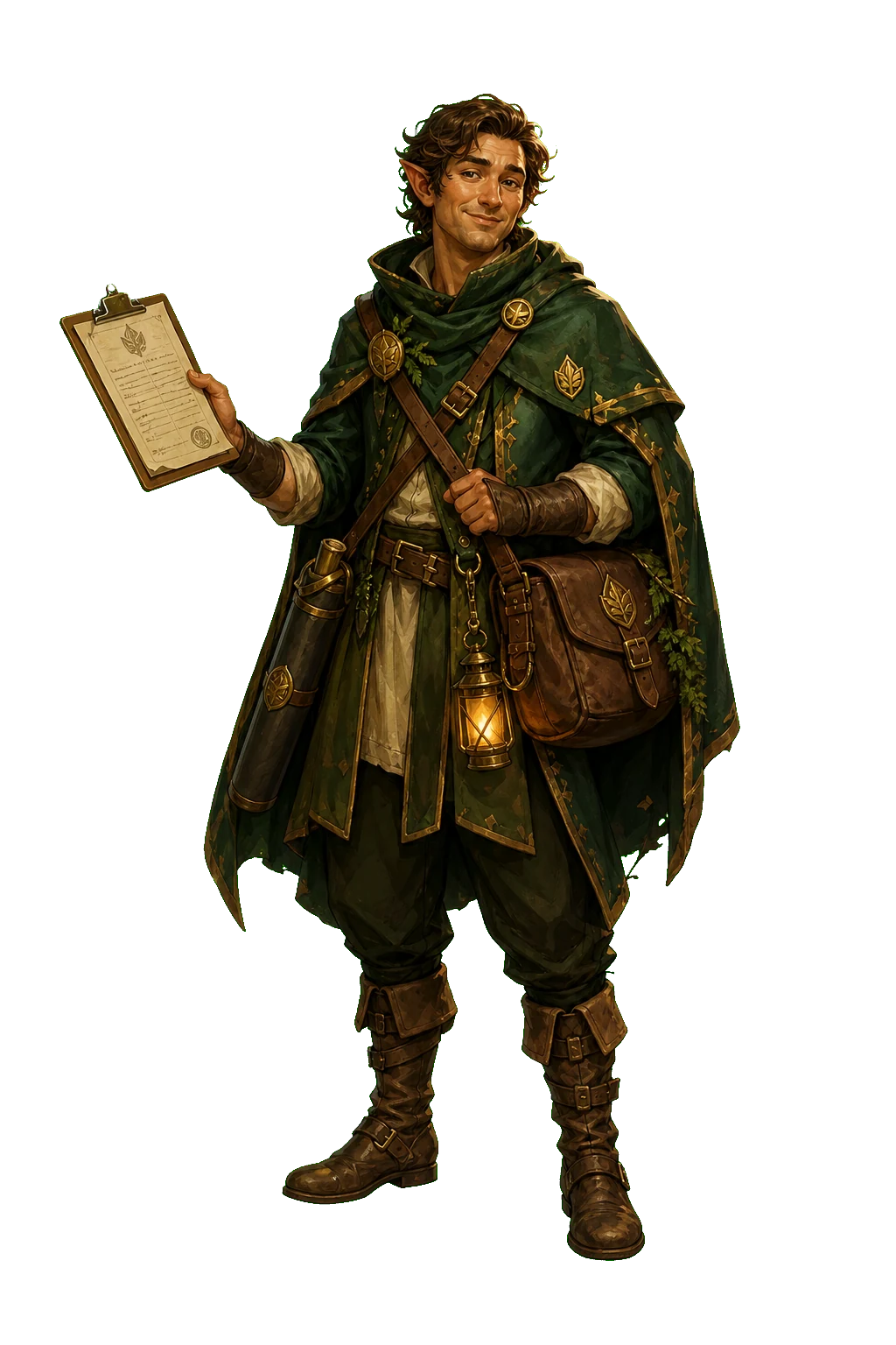 A smiling Goldspire courier holding paperwork.