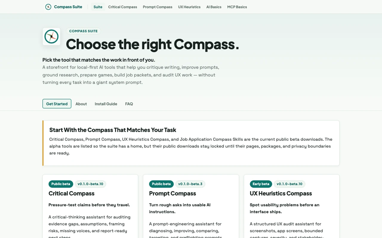 Screenshot of the Compass Suite public landing page with focused cards for decision-support tools.
