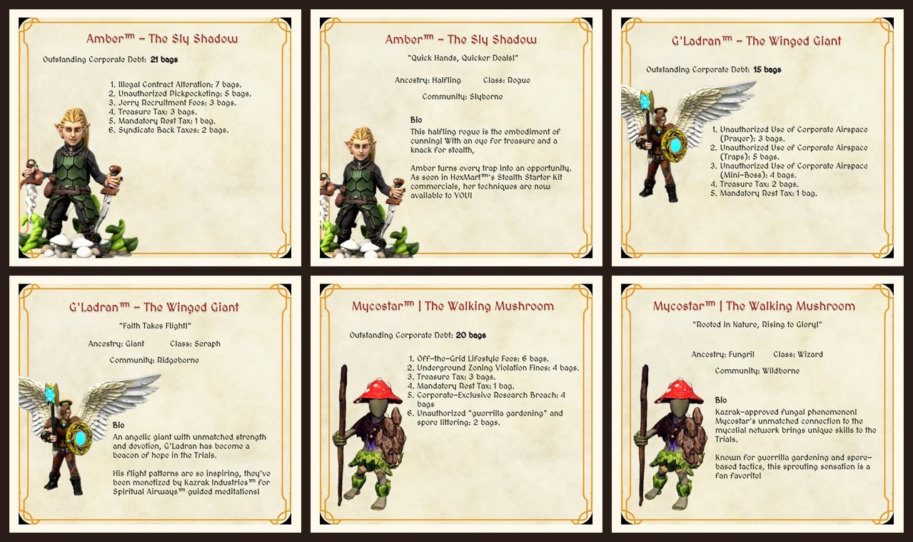 Contact sheet of Peril to Profit character bio and debt artifacts for Amber, GLadran, and Mycostar.