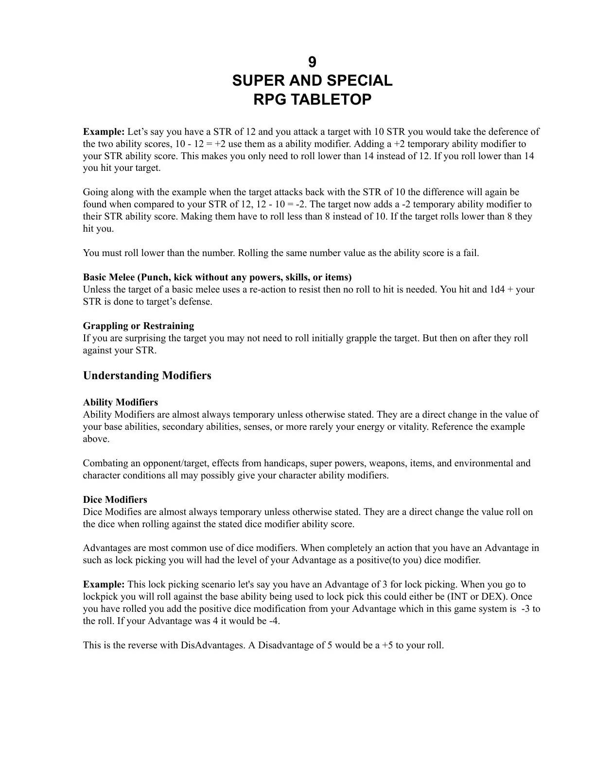 Supers and Specials rules page explaining a lower-is-better d20 mechanic, modifiers, melee examples, grappling, and advantages.
