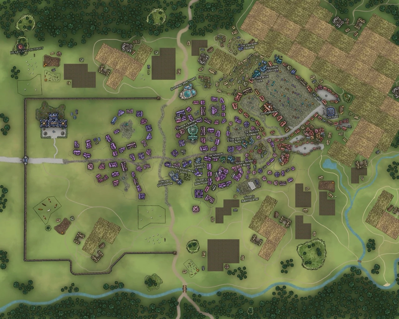 A detailed overhead fantasy city map labeled with taverns, shops, guild spaces, city hall, farms, roads, and surrounding terrain.