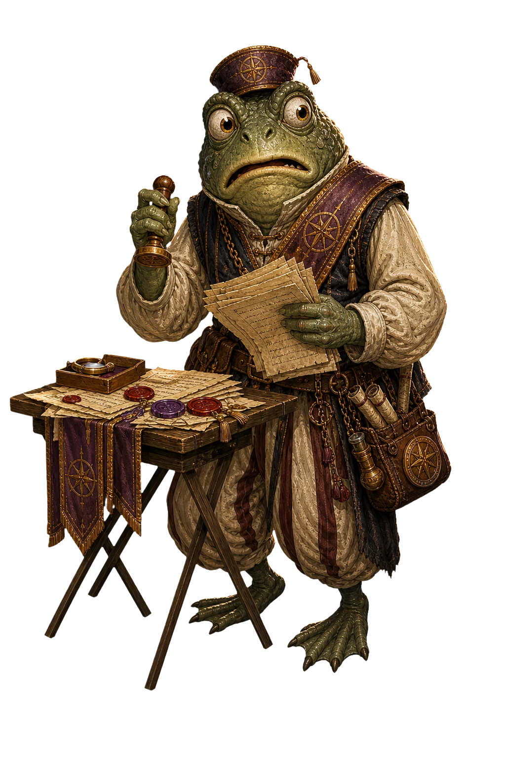 A Goldspire inspector character at a small table with paperwork.