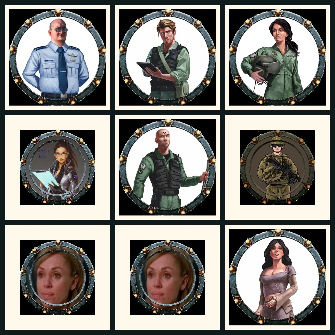 Contact sheet of Echoes of Stargate character and NPC tokens arranged on a dark campaign surface.