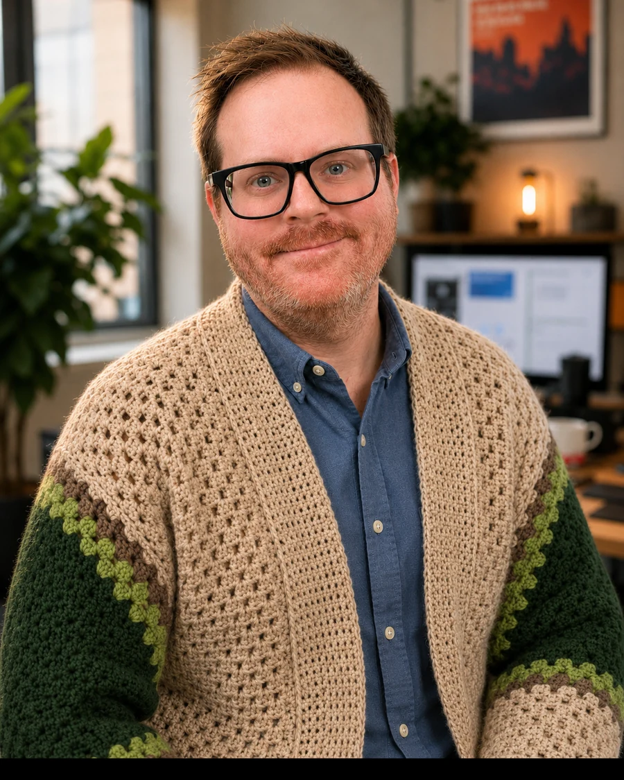 Portrait of Jonathan Kyle Hobson in a warm office, wearing glasses and a knitted cardigan.