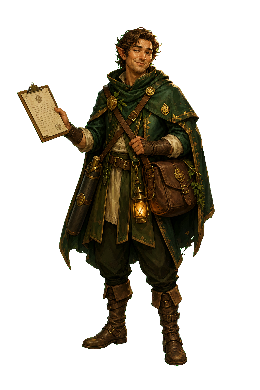 A smiling Goldspire courier holding paperwork.