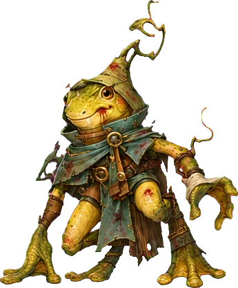 Barnacle, a small frog-like adventurer with daggers.