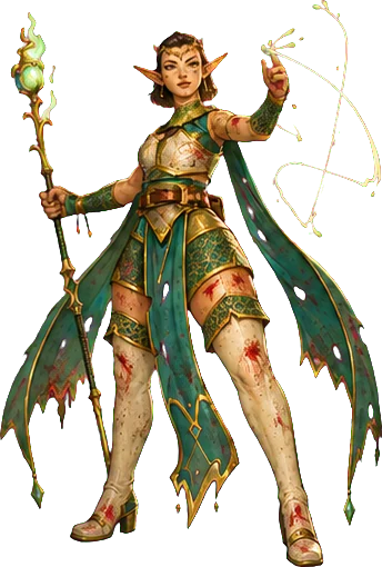 Marlowe Fairwind, an elven spellcaster with a staff.