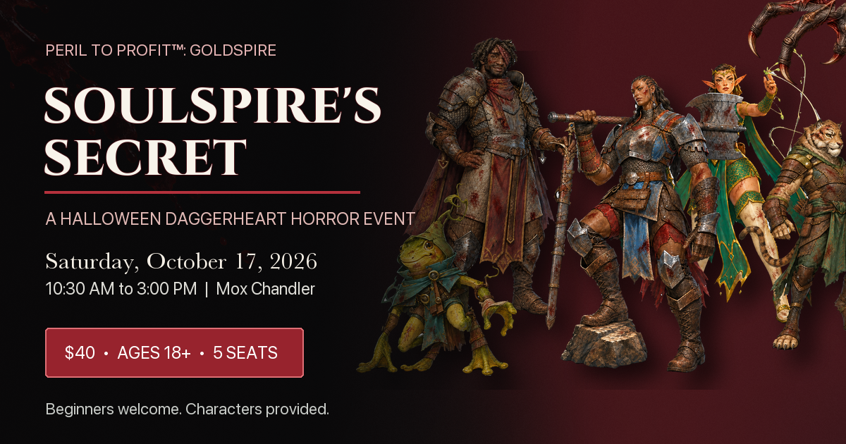 Soulspire's Secret Halloween Daggerheart event with five bloodied Goldspire heroes and claws breaking into the frame.