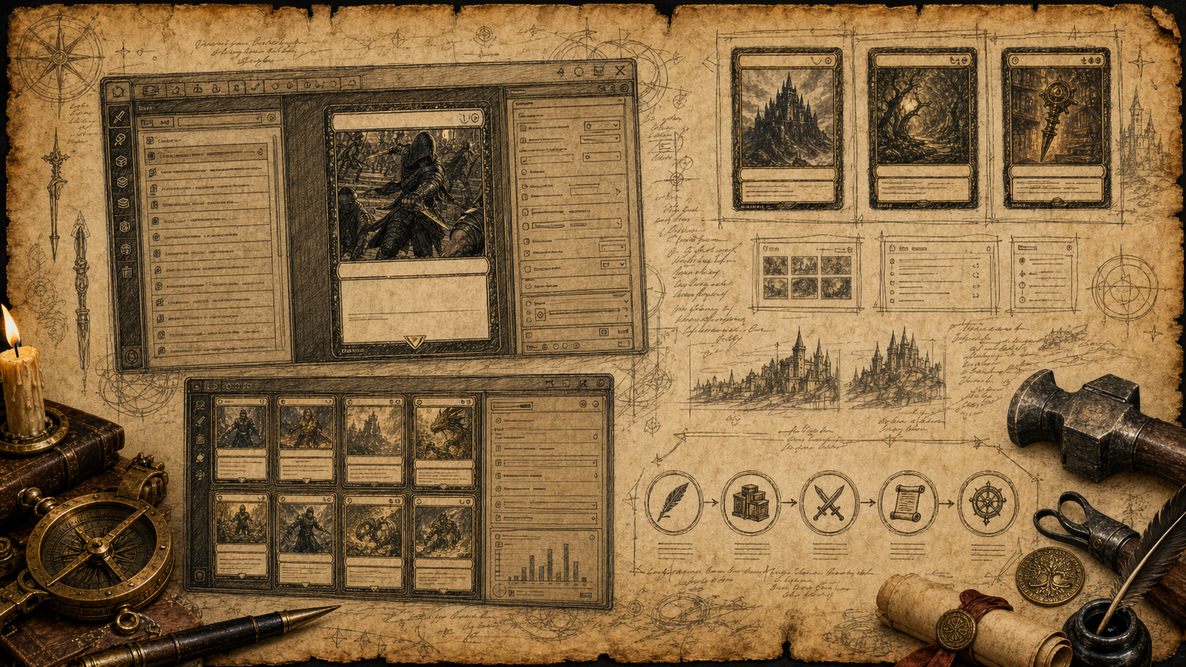 Parchment spread with ink sketches of card layouts, forge tools, UI wireframes, and fantasy worldbuilding notes.