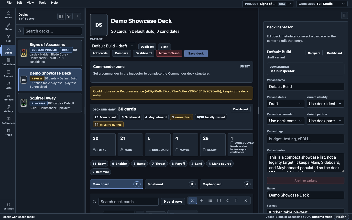 Fully visible Homebrew Forge decks workspace with card grid, deck context, stats, and playtest panels.