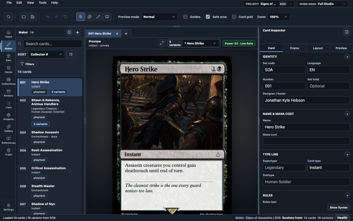 Fully visible Homebrew Forge desktop editor with a project rail, custom cards, preview surface, and inspector.