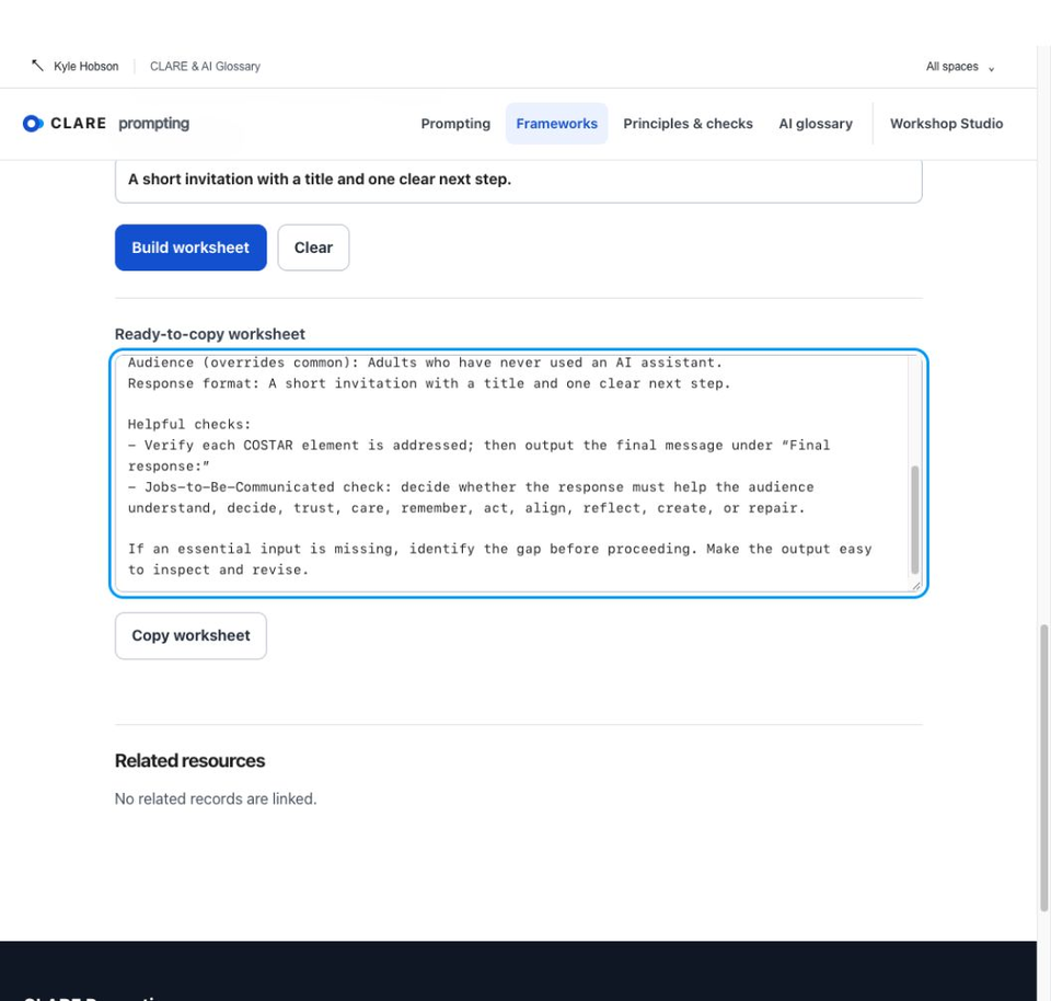 The worksheet retains the audience, response format, and review questions. This is assembled guidance, not an AI-generated answer.