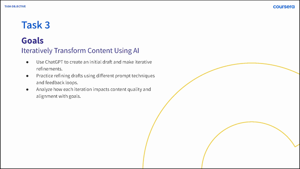 Original Coursera lesson goals slide describes drafting, refining, feedback loops, and checking content against goals.