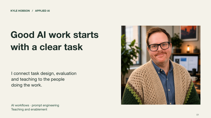 First page of Kyle Hobson’s Applied AI portfolio presentation.