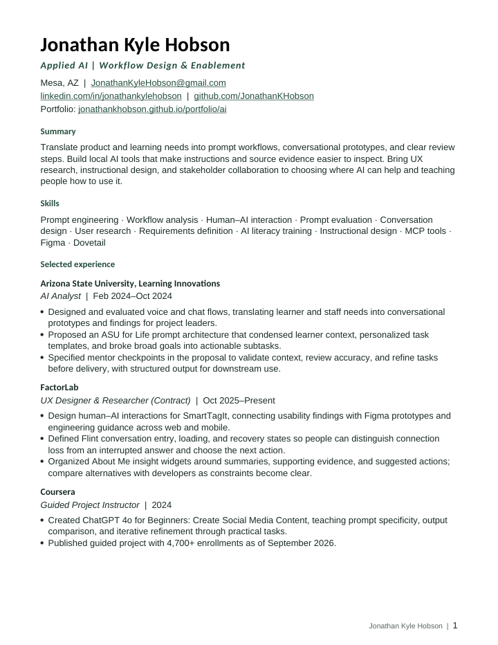 First page of Kyle Hobson’s Applied AI resume.