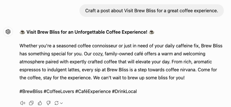 Original 2024 lesson recording at 03:35: the short fictional Brew Bliss café-post request and its initial generated draft.