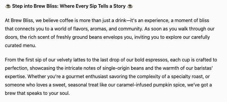 Original subsequent output at 04:00 adds sensory description, audience framing, and unsupported specific coffee claims. Excerpt contains the headline and first two paragraphs.