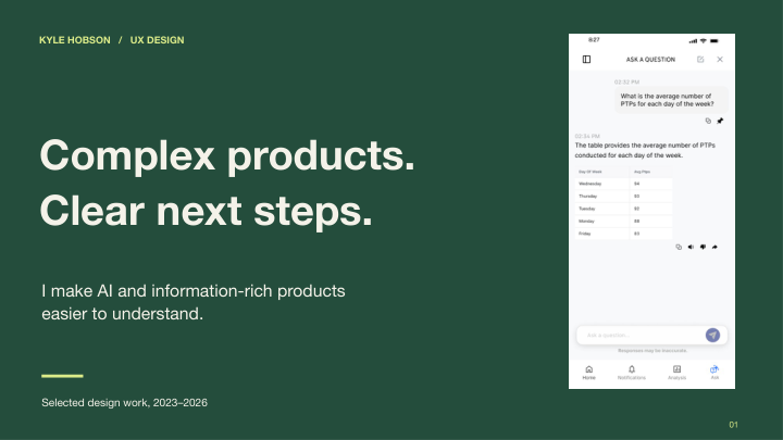 First page of Kyle Hobson’s UX Design portfolio presentation.