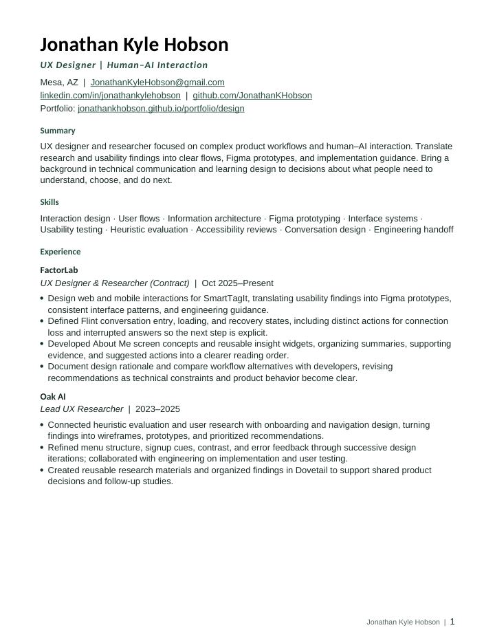 First page of Kyle Hobson’s UX Design resume.
