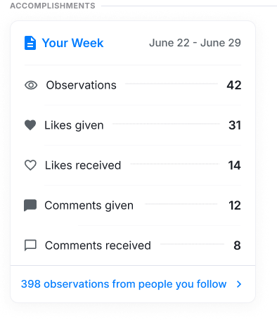 Original accomplishments revision separates observations, likes given, likes received, comments given, and comments received. The bottom people-you-follow link is a deferred proposal.