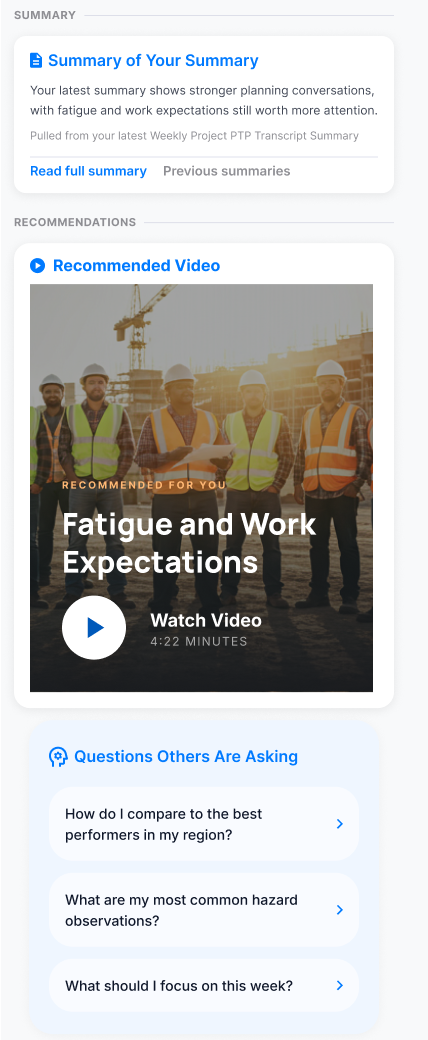 Original mobile exploration connects a summary, a recommended video, and suggested questions. Profile and scoring sections are omitted.