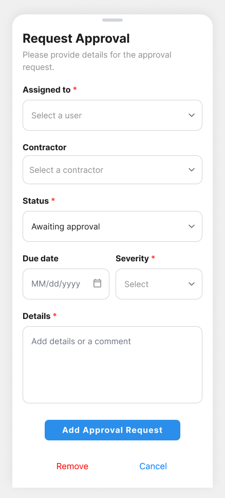 Original Request Approval form with an assigned person required and Awaiting approval as the status.