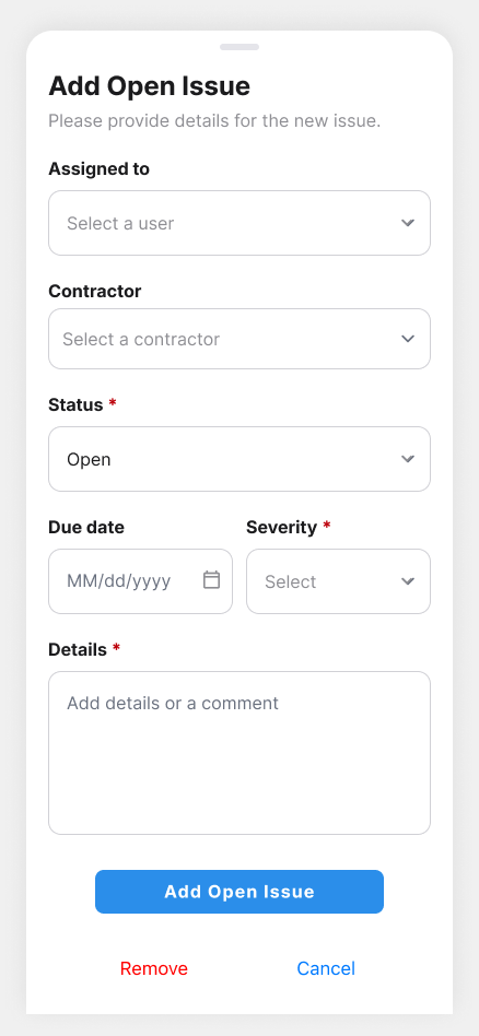 Original empty Add Open Issue form with assignment, contractor, status, due date, severity, and details fields.