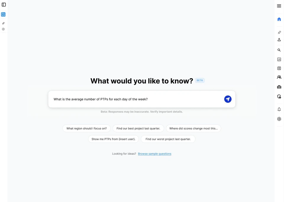 Flint web design exploration with concrete suggested questions and a selected example populated in the editable question field.