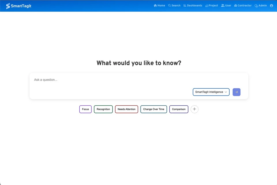 Earlier SmartTagIt web entry: an empty Ask a question field with Focus, Recognition, Needs Attention, Change Over Time and Comparison category controls.